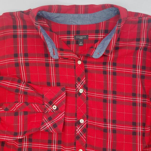 Talbots Woman Cotton Button Up Plaid Roll Tab Sleeves Shirt Size 2X Blue Cuffs - Picture 1 of 8
